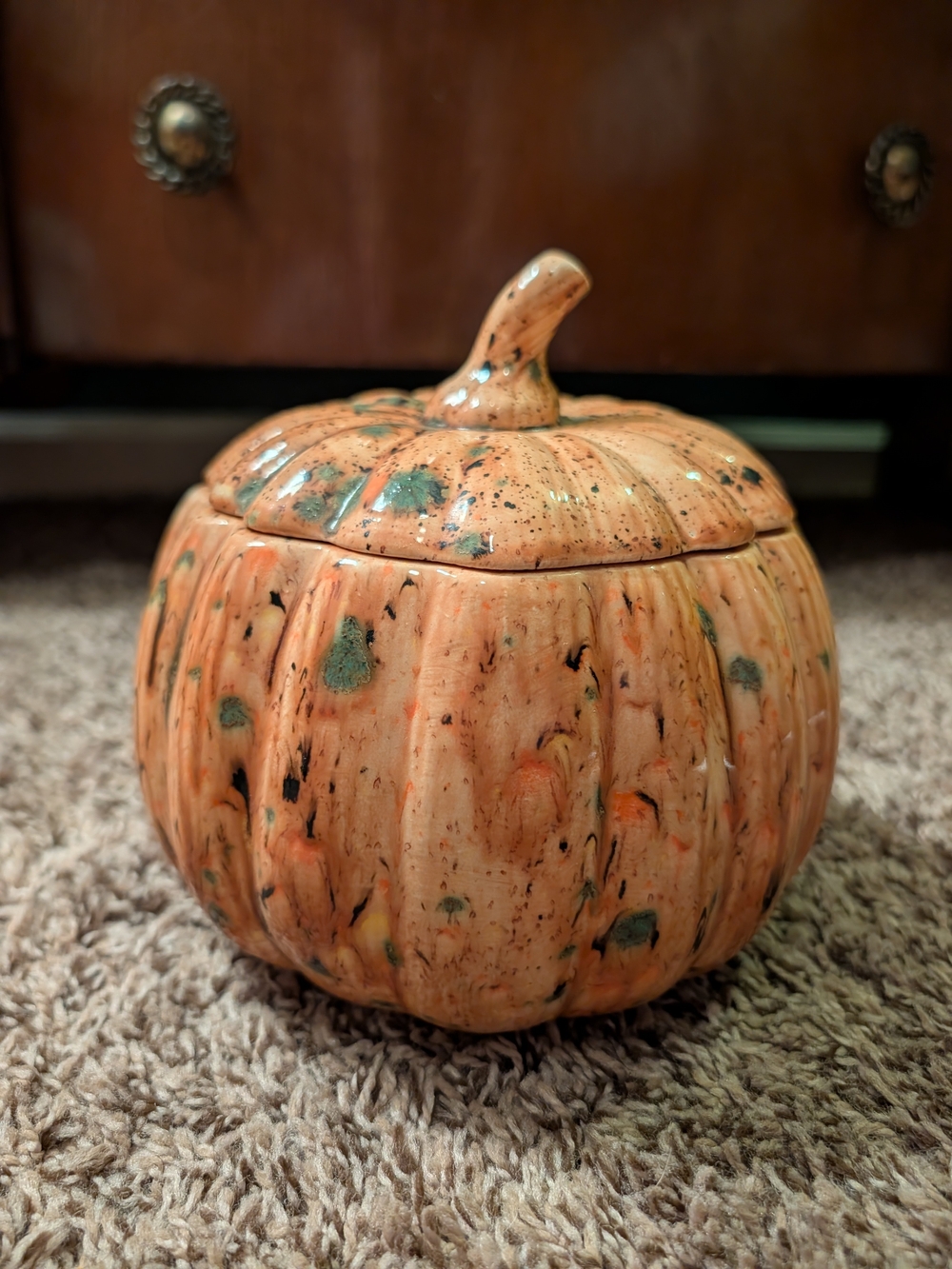 Handcrafted Hand-painted Ceramic Pumpkin Lidded Jar - Orange